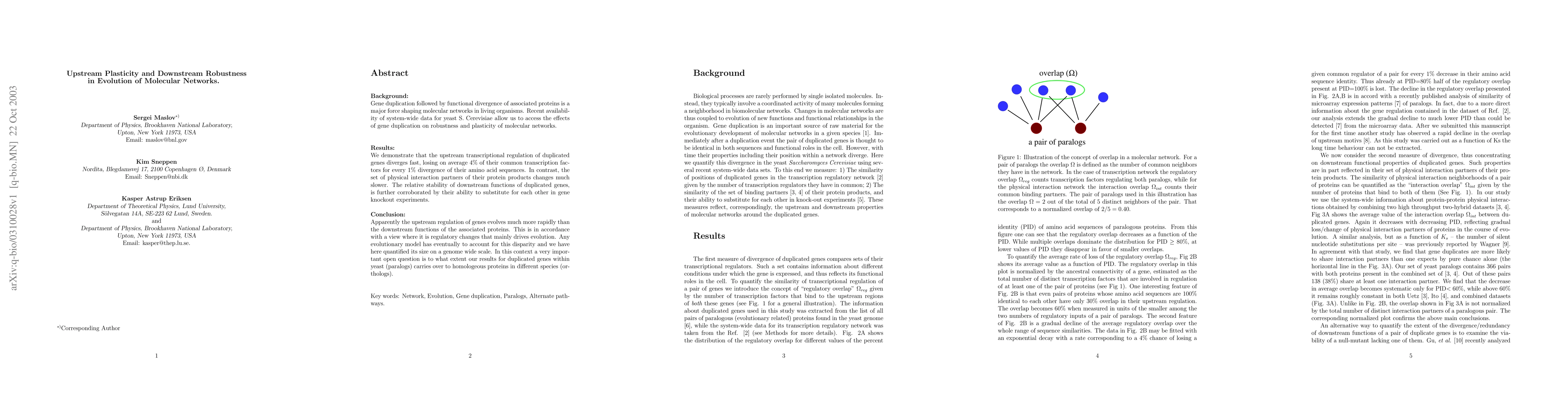 Thumbnail for Upstream Plasticity and Downstream Robustness in Evolution of Molecular
  Networks