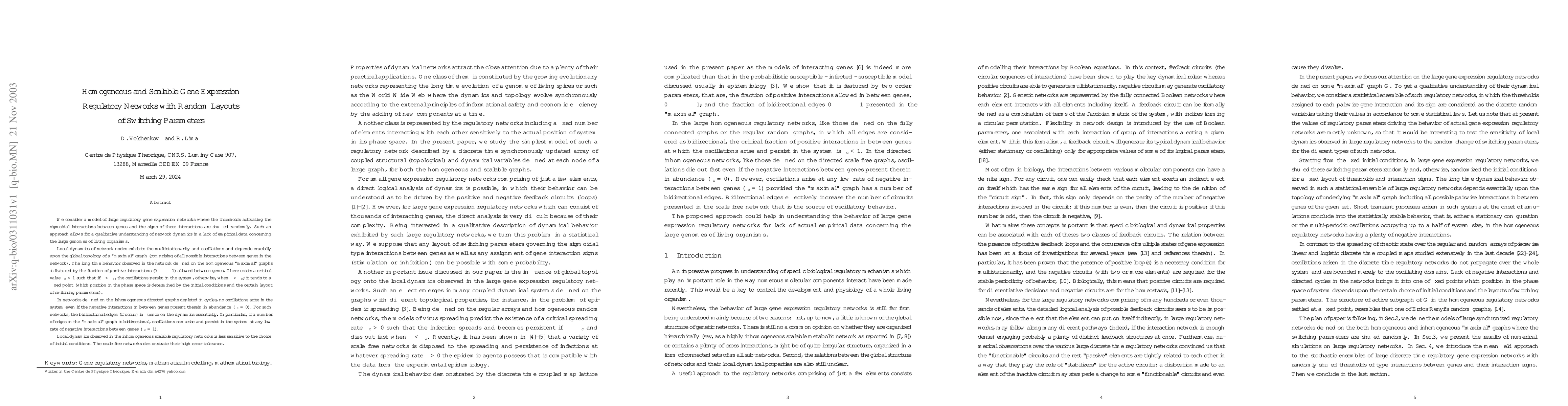 Thumbnail for Homogeneous and Scalable Gene Expression Regulatory Networks with Random
  Layouts of Switching Parameters
