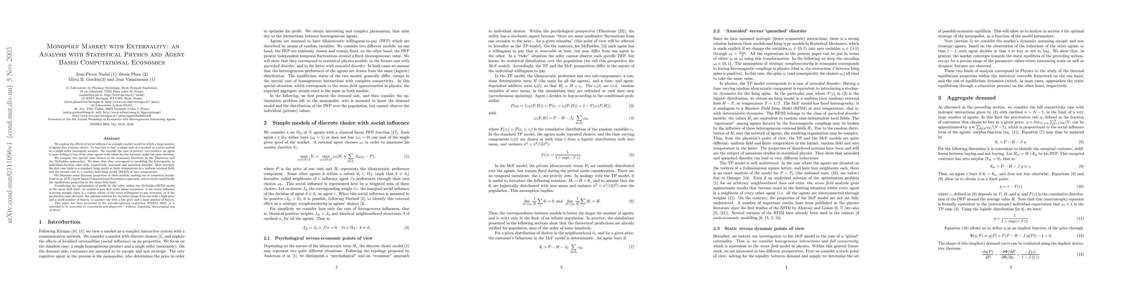 Thumbnail for Monopoly Market with Externality: an Analysis with Statistical Physics
  and Agent Based Computational Economics