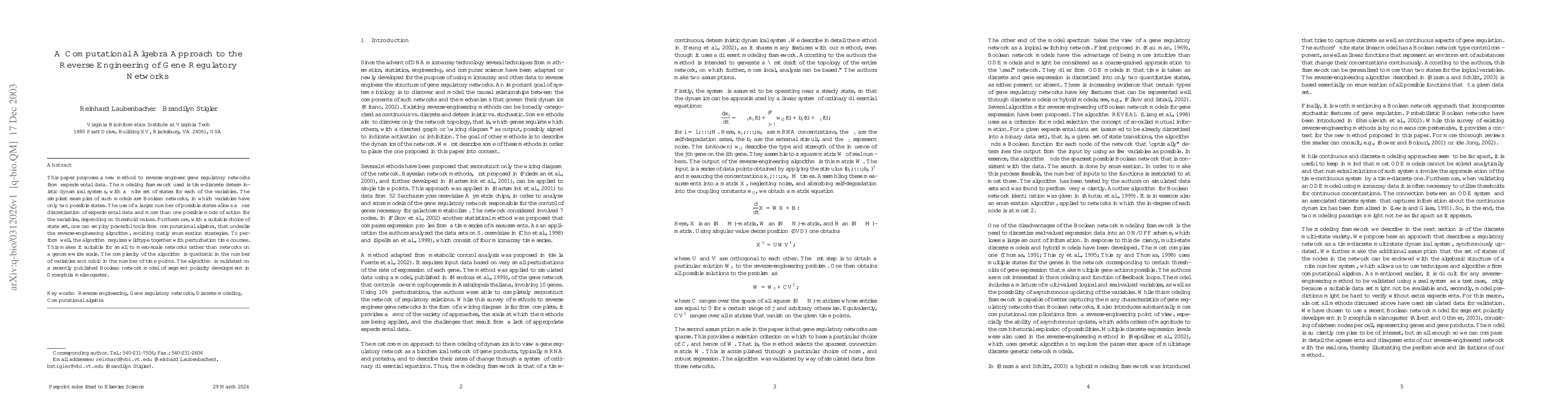 Thumbnail for A Computational Algebra Approach to the Reverse Engineering of Gene
  Regulatory Networks