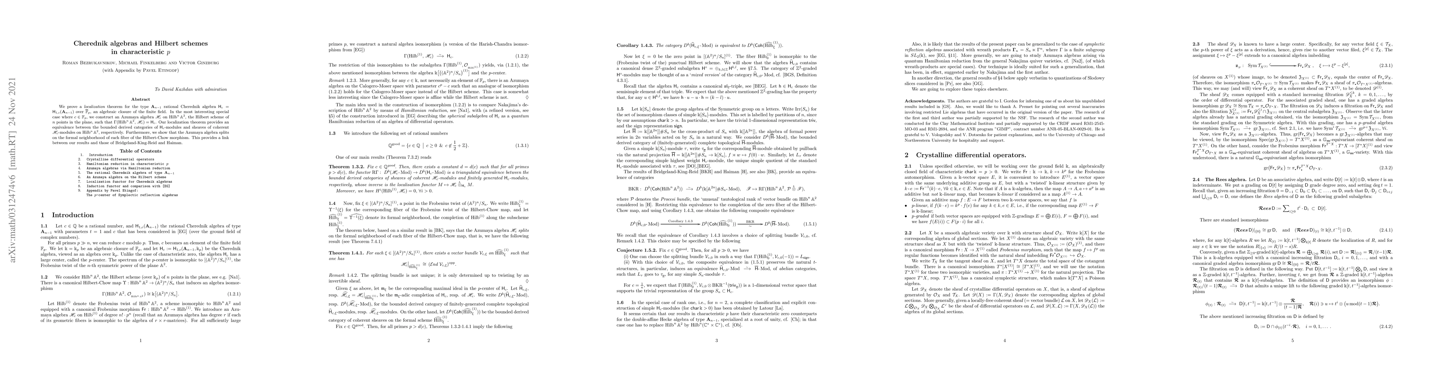 Thumbnail for Cherednik algebras and Hilbert schemes in characteristic p (with an
  appendix by Pavel Etingof)