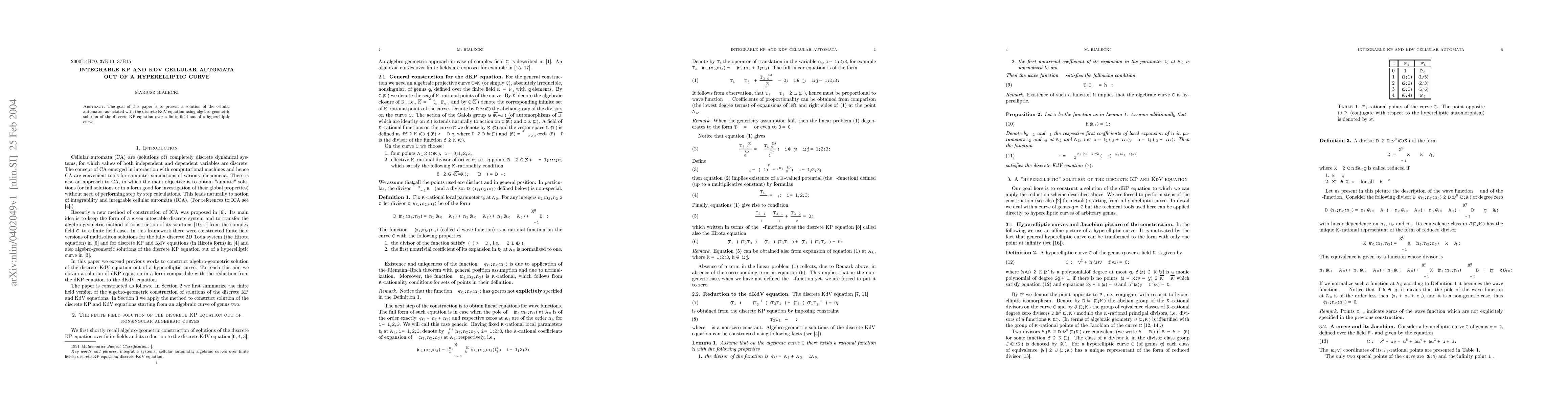 Thumbnail for Integrable KP and KdV cellular automata out of a hyperelliptic curve