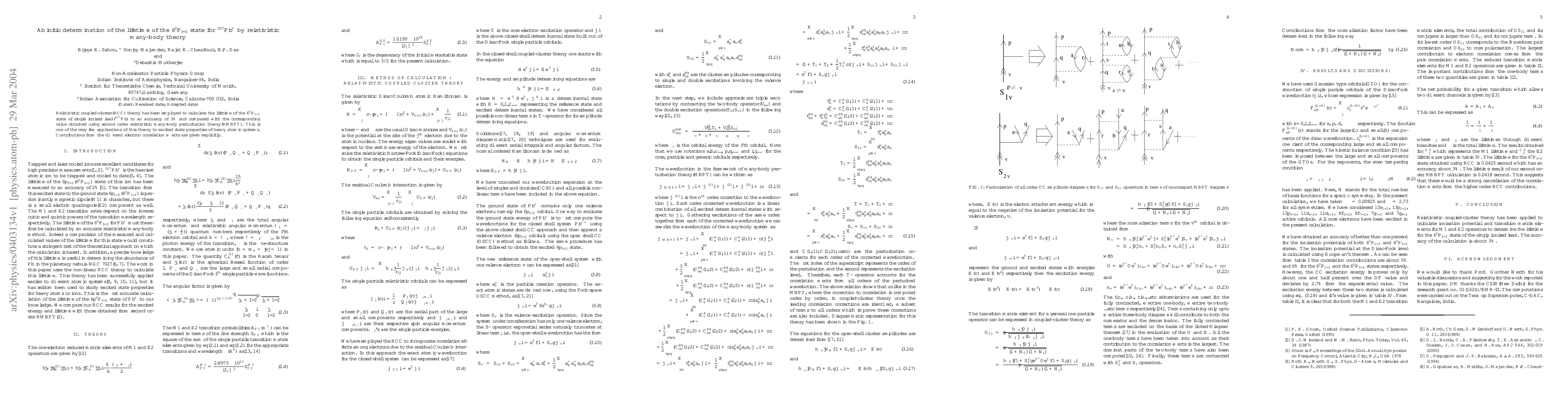 Thumbnail for Ab initio determination of the lifetime of the $6^2P_{3/2}$ state f or
  $^{207}Pb^+$ by relativistic many-body theory