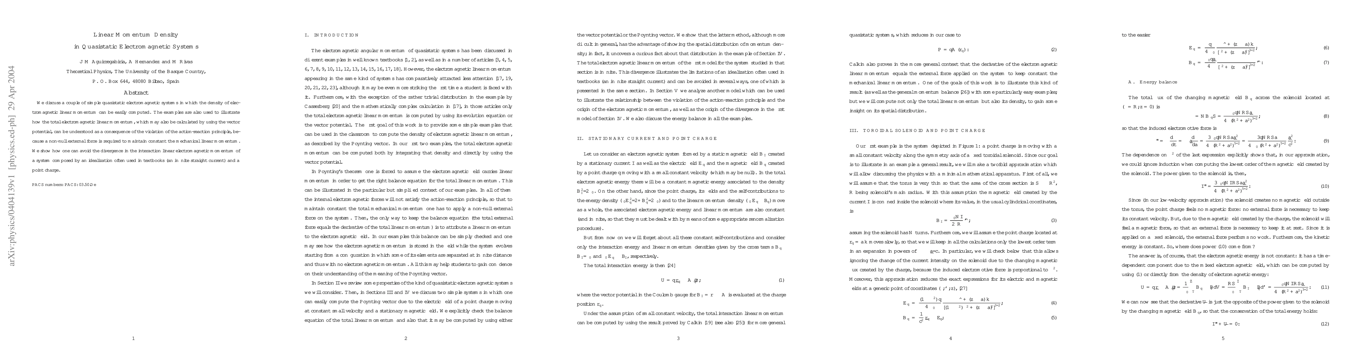 Thumbnail for Linear Momentum Density in Quasistatic Electromagnetic Systems