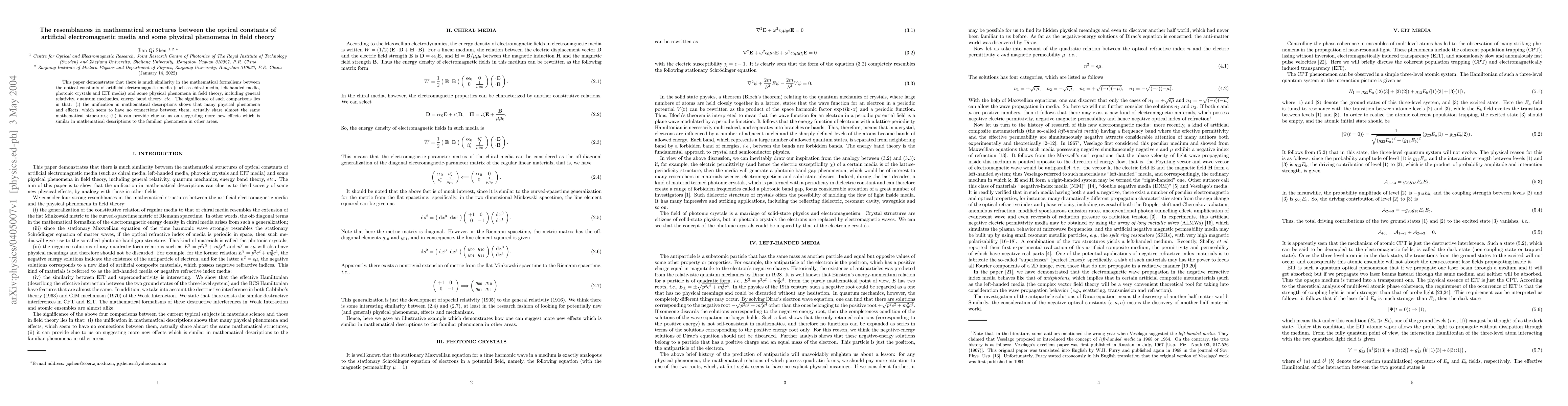 Thumbnail for The resemblances in mathematical structures between the optical
  constants of artificial electromagnetic media and some physical phenomena in
  field theory