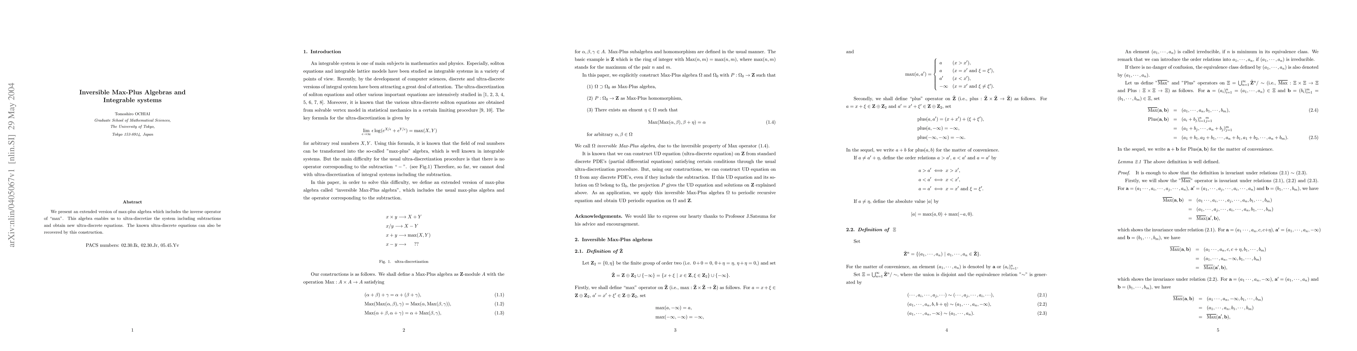 Thumbnail for Inversible Max-Plus Algebras and Integrable systems