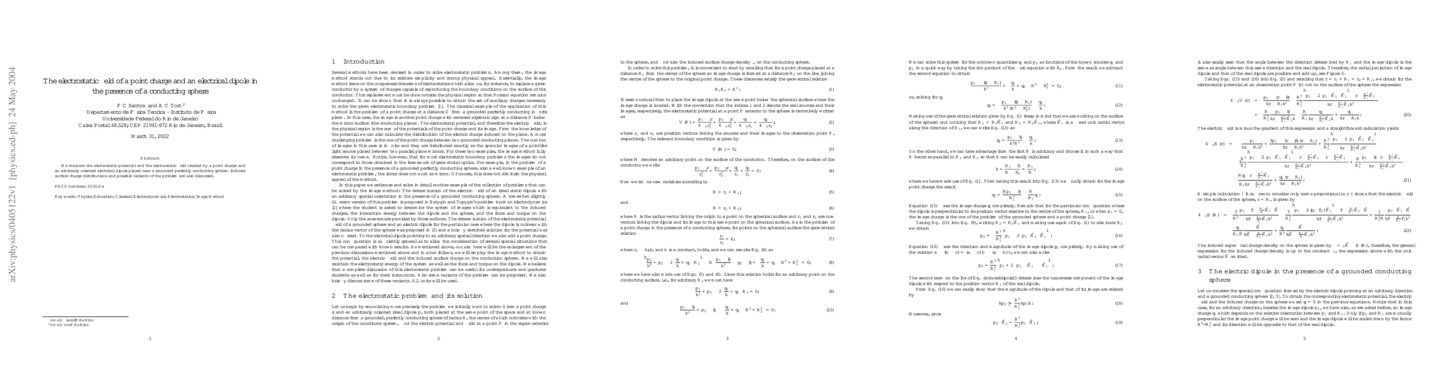 Thumbnail for The electrostatic field of a point charge and an electrical dipole in
  the presence of a conducting sphere