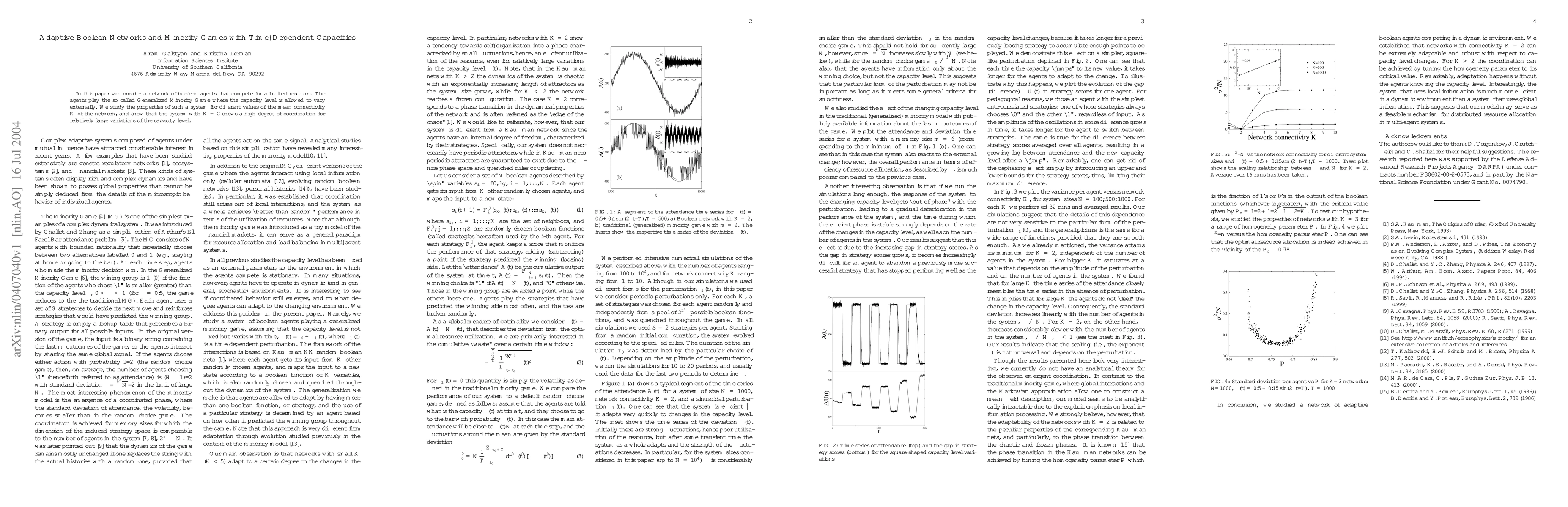 Thumbnail for Adaptive Boolean Networks and Minority Games with Time--Dependent
  Capacities