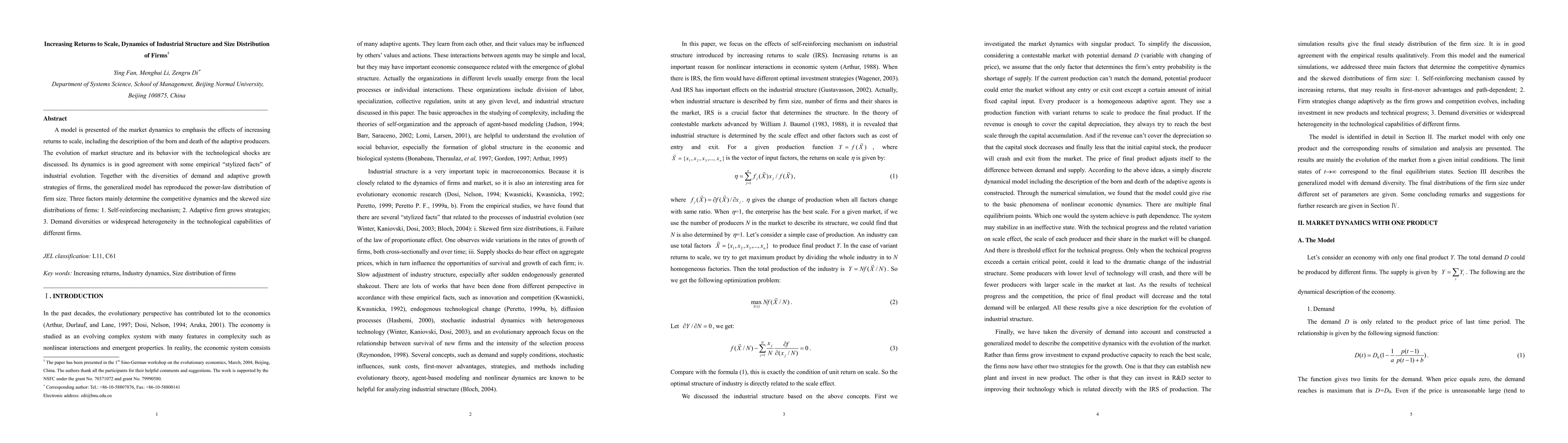 Thumbnail for Increasing Returns to Scale, Dynamics of Industrial Structure and Size
  Distribution of Firms