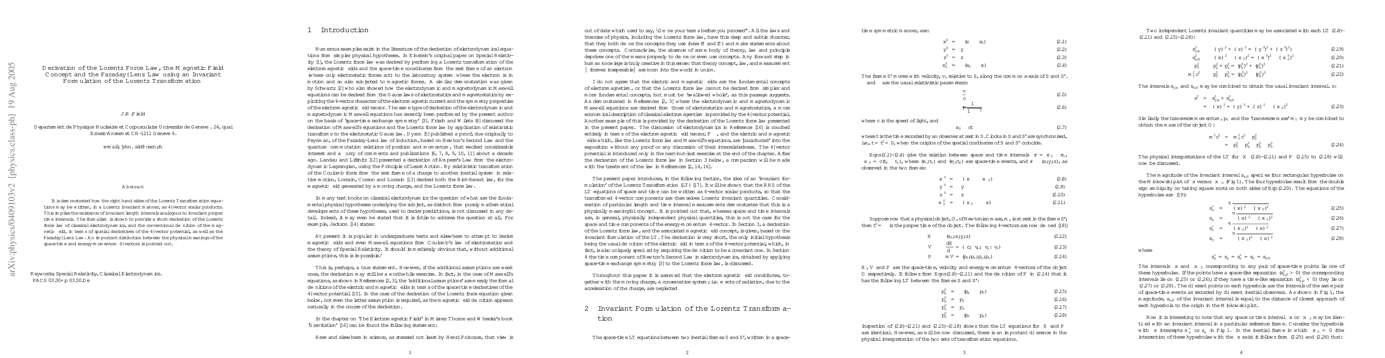 Thumbnail for Derivation of the Lorentz Force Law, the Magnetic Field Concept and the
  Faraday-Lenz Law using an Invariant Formulation of the Lorentz Transformation