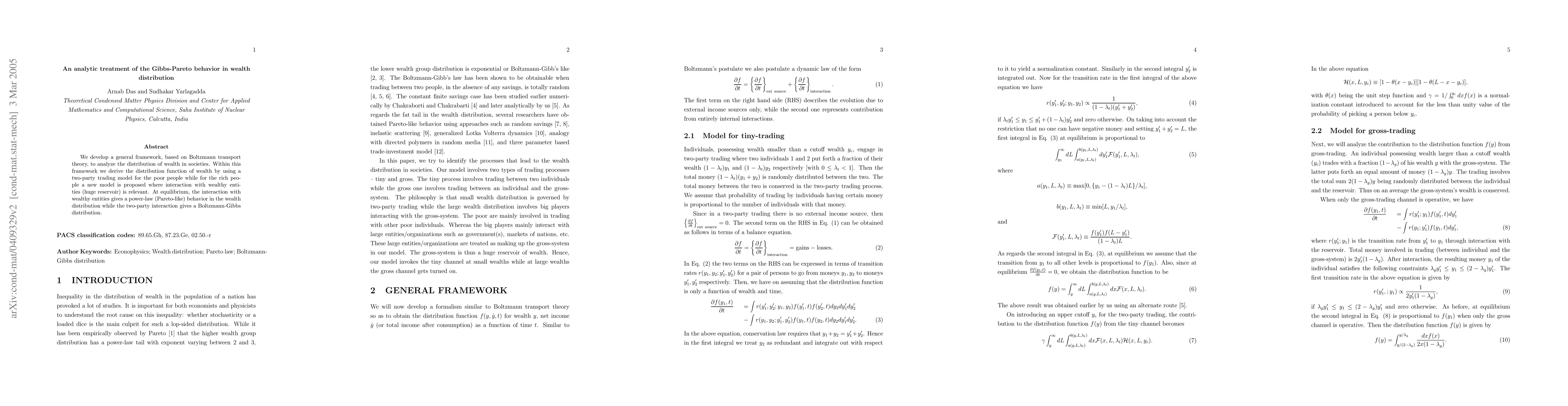 Thumbnail for An analytic treatment of the Gibbs-Pareto behavior in wealth
  distribution
