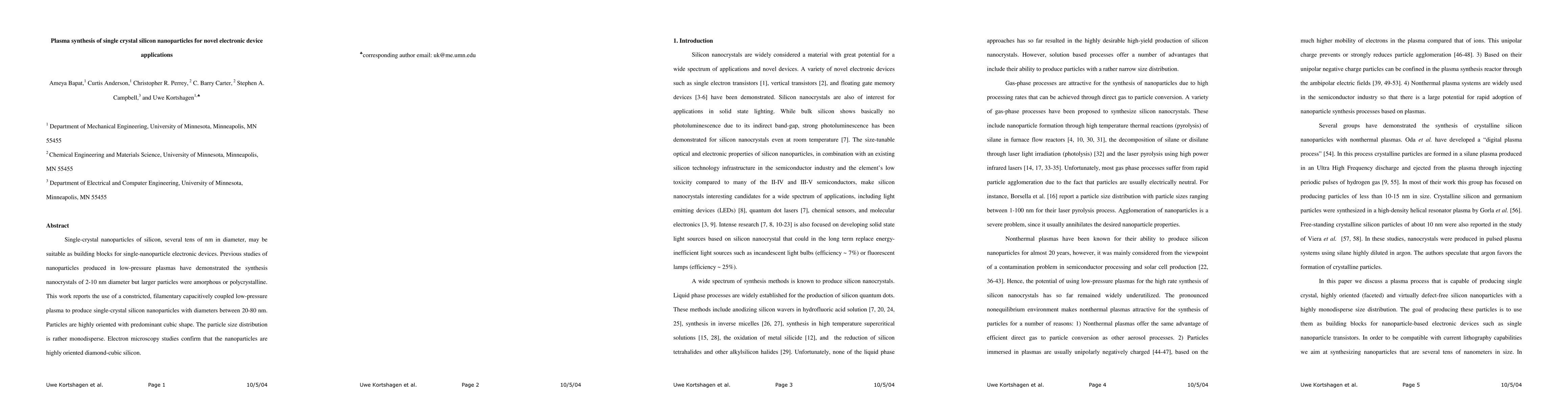 Thumbnail for Plasma synthesis of single crystal silicon nanoparticles for novel
  electronic device applications