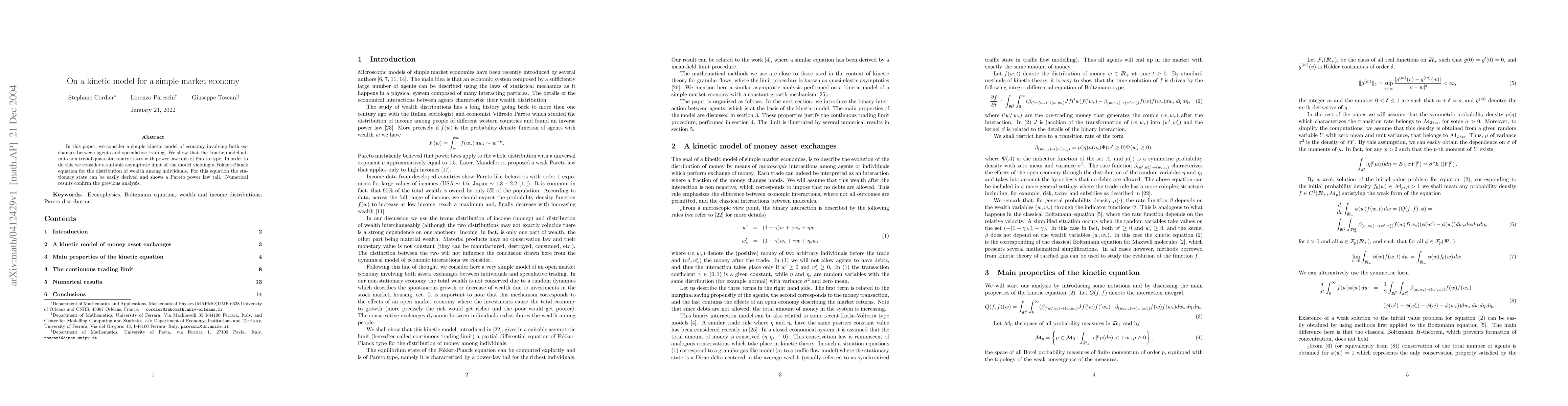 Thumbnail for On a kinetic model for a simple market economy