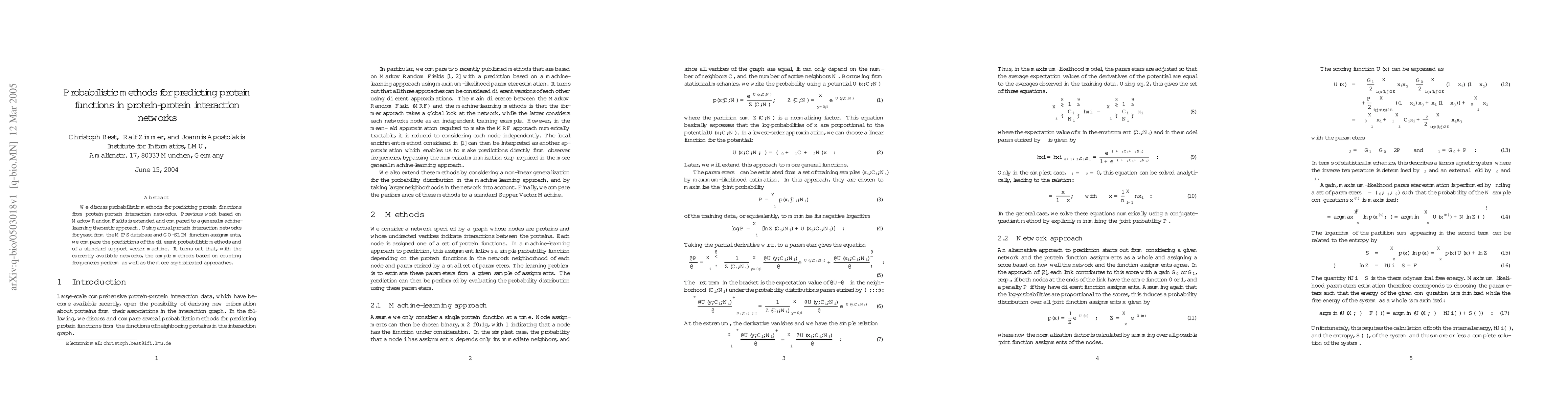 Thumbnail for Probabilistic methods for predicting protein functions in
  protein-protein interaction networks