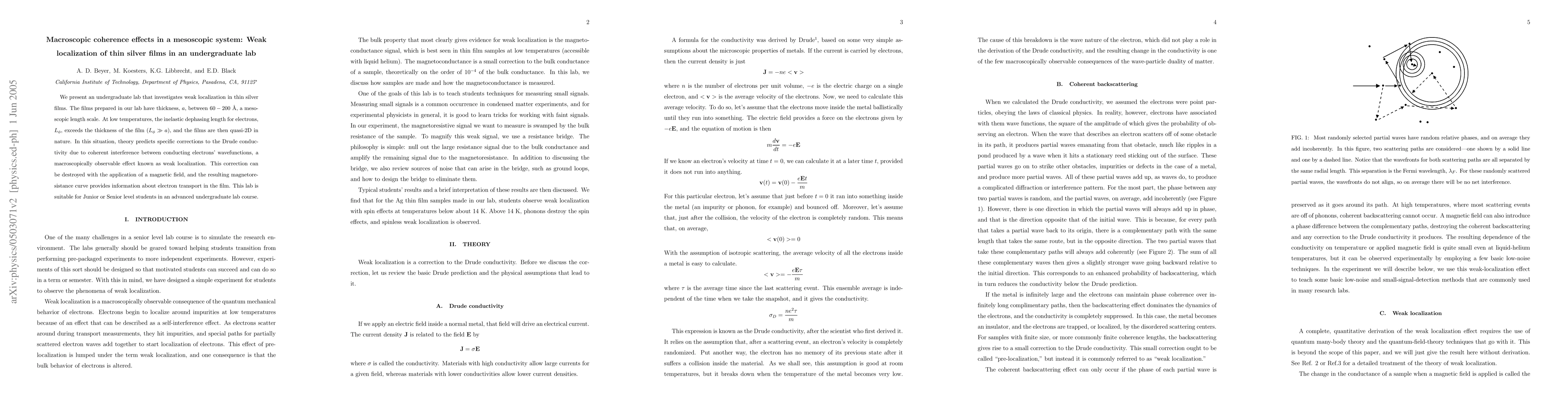 Thumbnail for Macroscopic coherence effects in a mesoscopic system: Weak localization
  of thin silver films in an undergraduate lab
