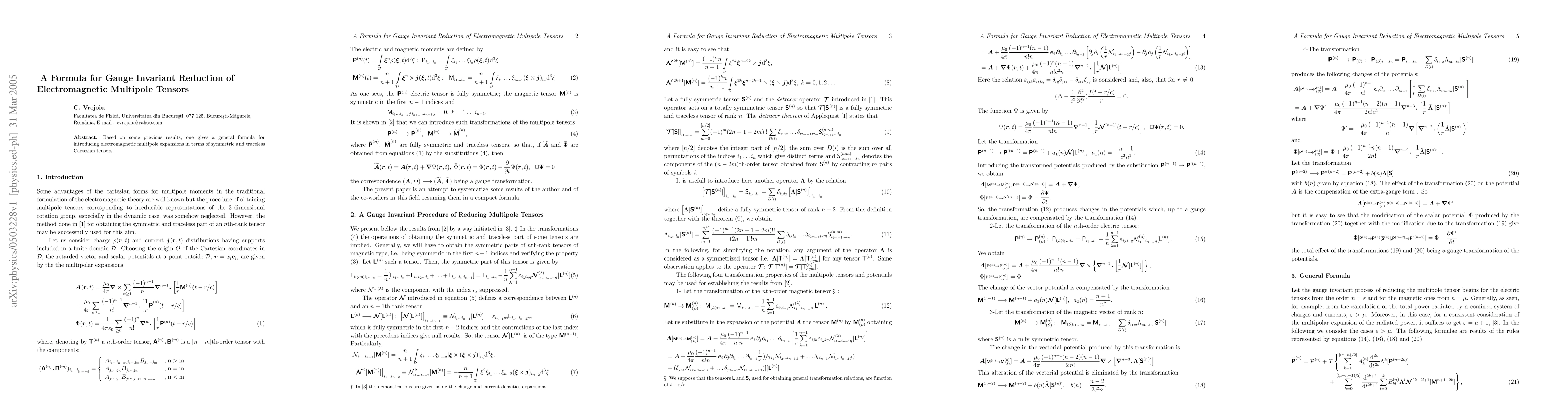 Thumbnail for A Formula for Gauge Invariant Reduction of Electromagnetic Multipole
  Tensors