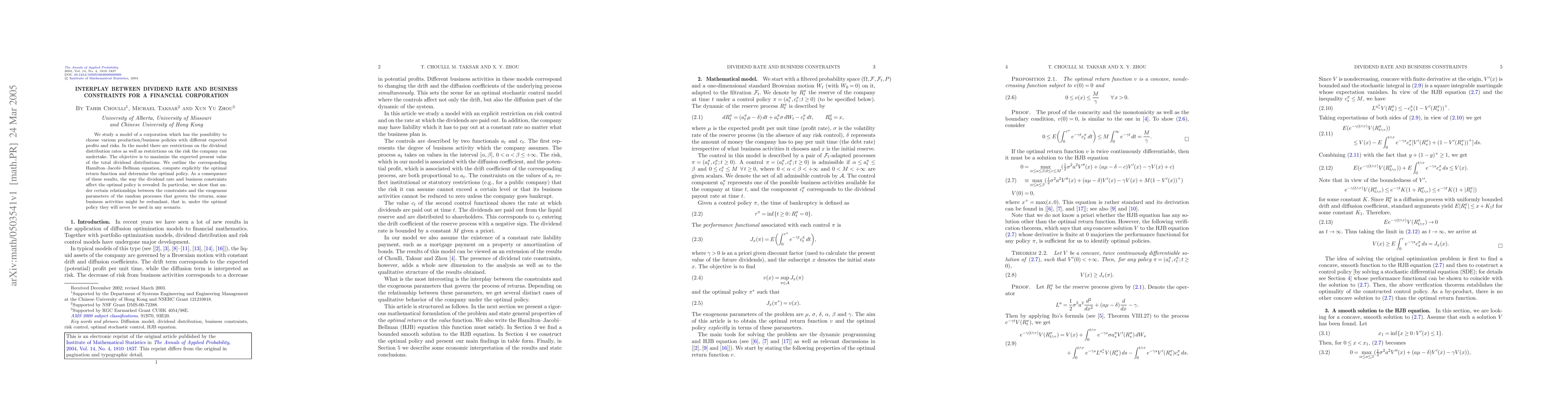 Thumbnail for Interplay between dividend rate and business constraints for a financial
  corporation