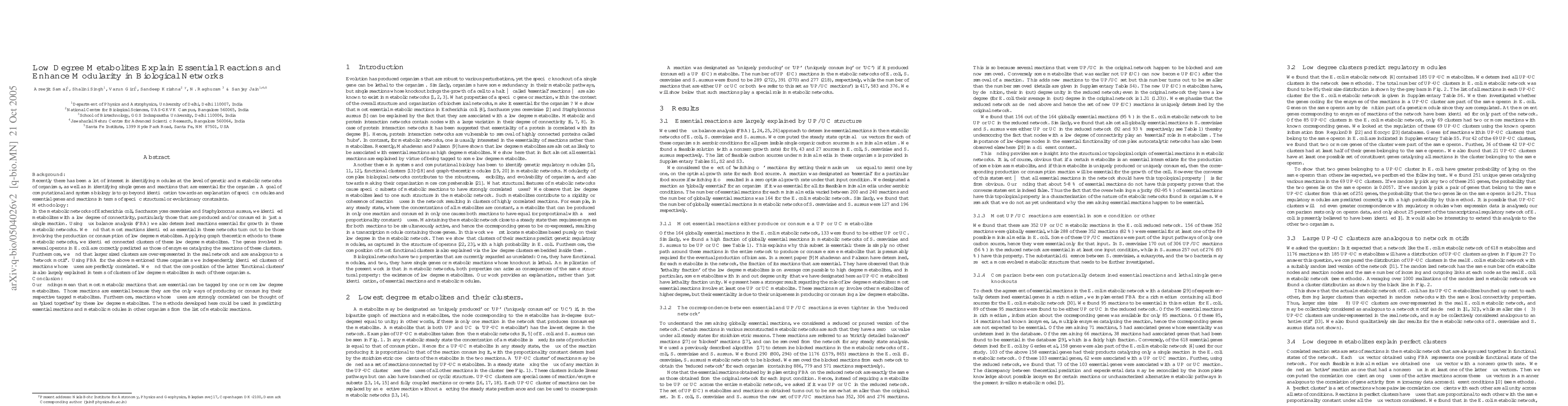 Thumbnail for Low Degree Metabolites Explain Essential Reactions and Enhance
  Modularity in Biological Networks