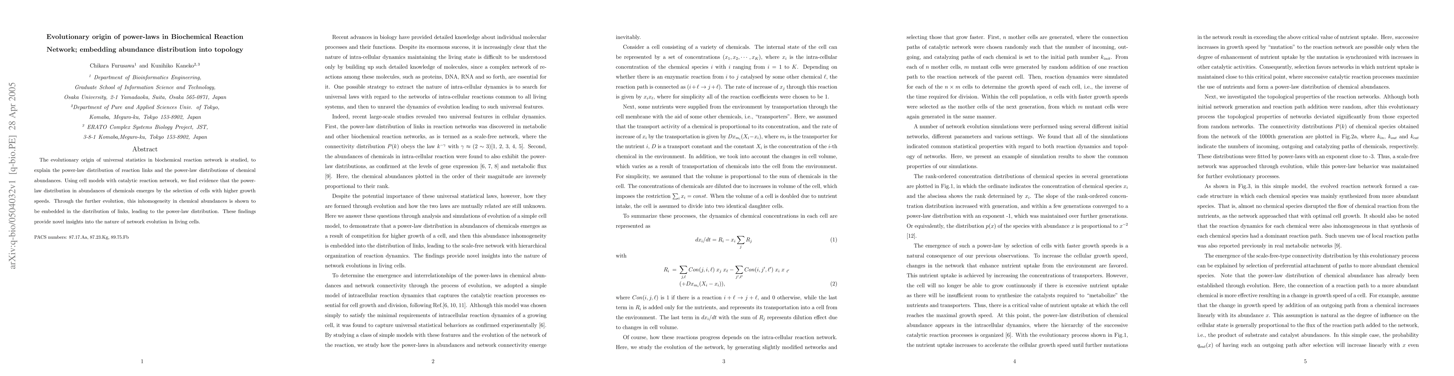 Thumbnail for Evolutionary origin of power-laws in Biochemical Reaction Network;
  embedding abundance distribution into topology