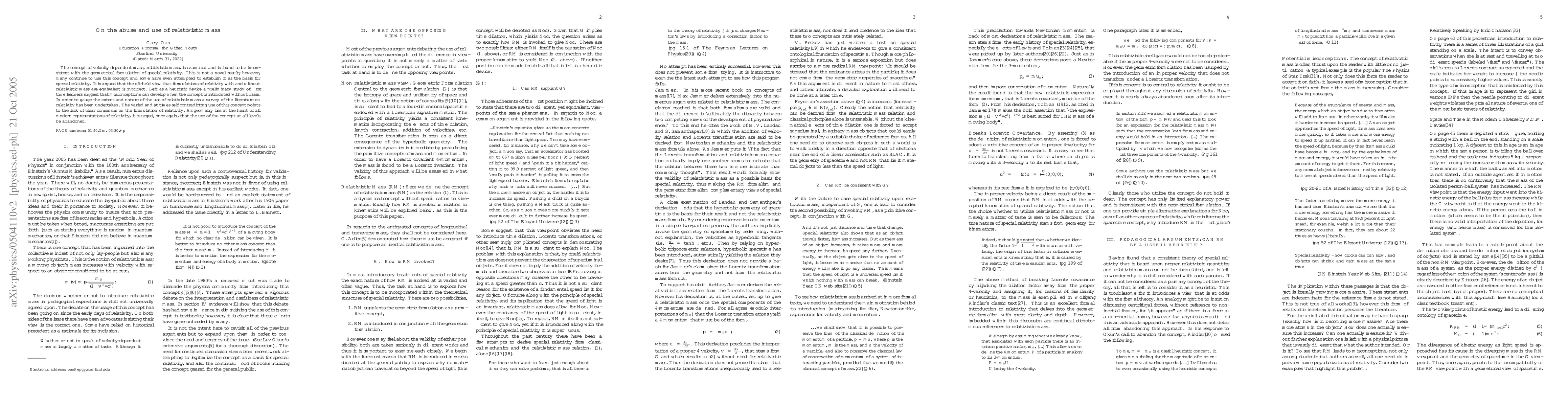 Thumbnail for On the Abuse and Use of Relativistic Mass