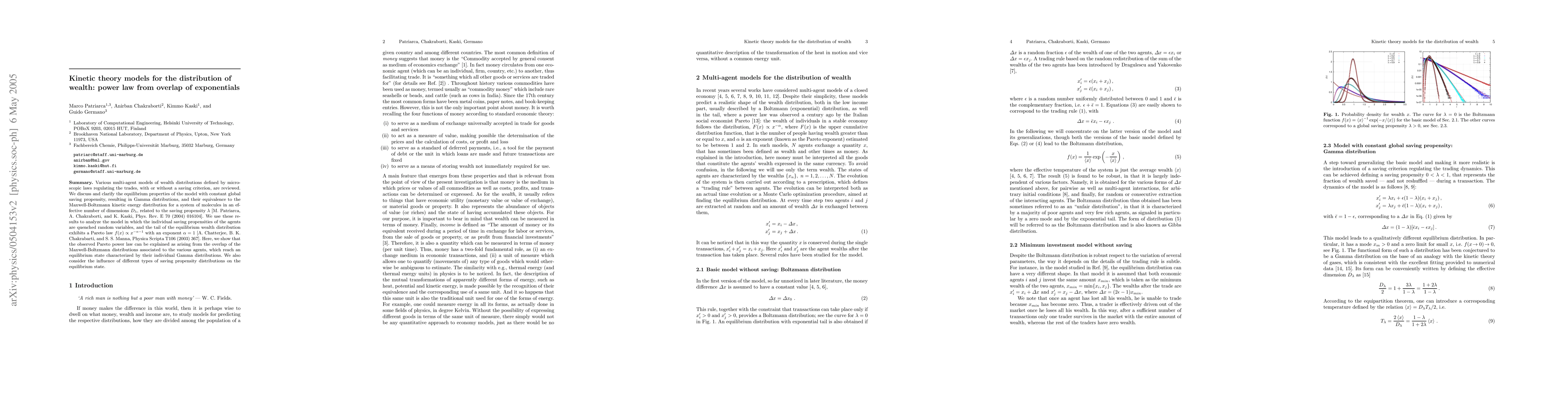 Thumbnail for Kinetic theory models for the distribution of wealth: power law from
  overlap of exponentials
