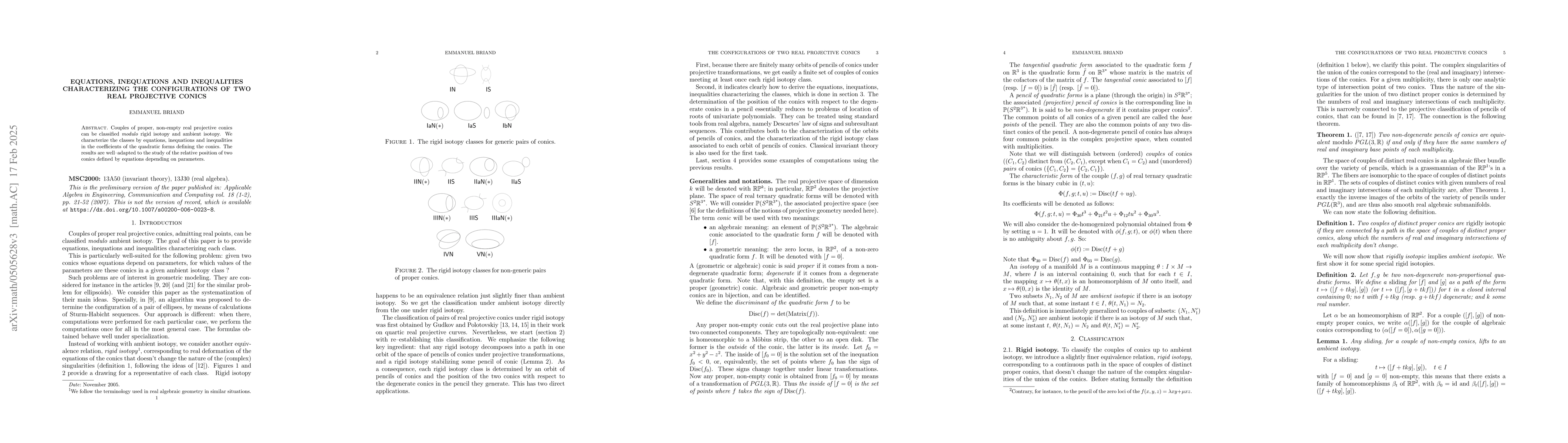 Thumbnail for Equations, inequations and inequalities characterizing the
  configurations of two real projective conics