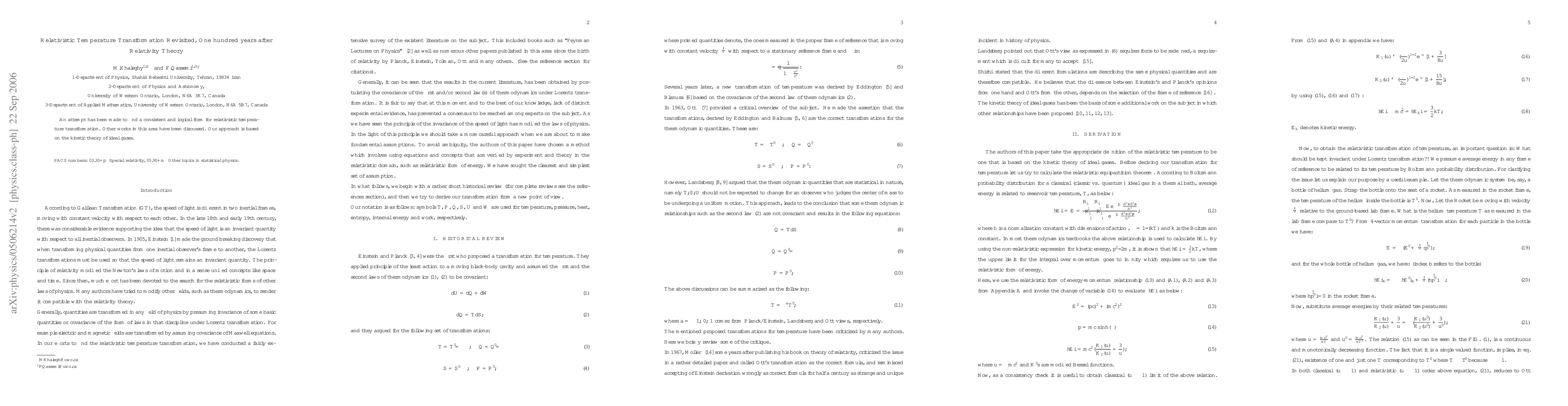 Thumbnail for Relativistic Temperature Transformation Revisited, One hundred years
  after Relativity Theory