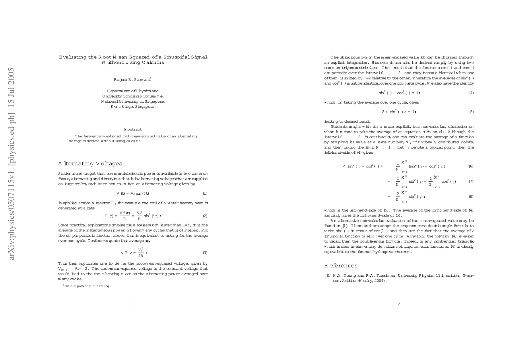 Thumbnail for Evaluating the Root-Mean-Squared of a Sinusoidal Signal Without Using
  Calculus
