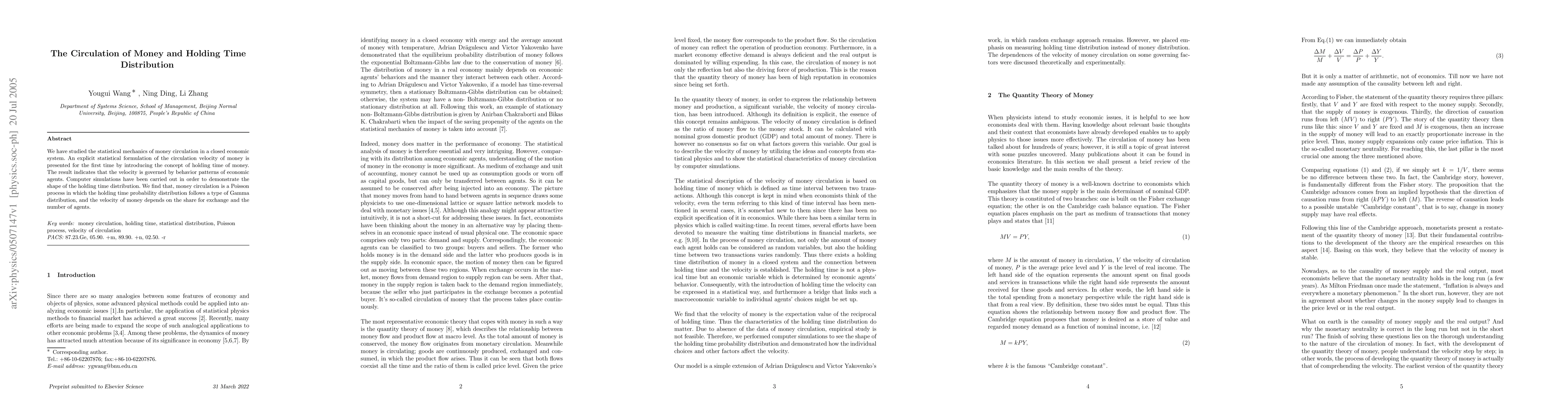 Thumbnail for The Circulation of Money and Holding Time Distribution