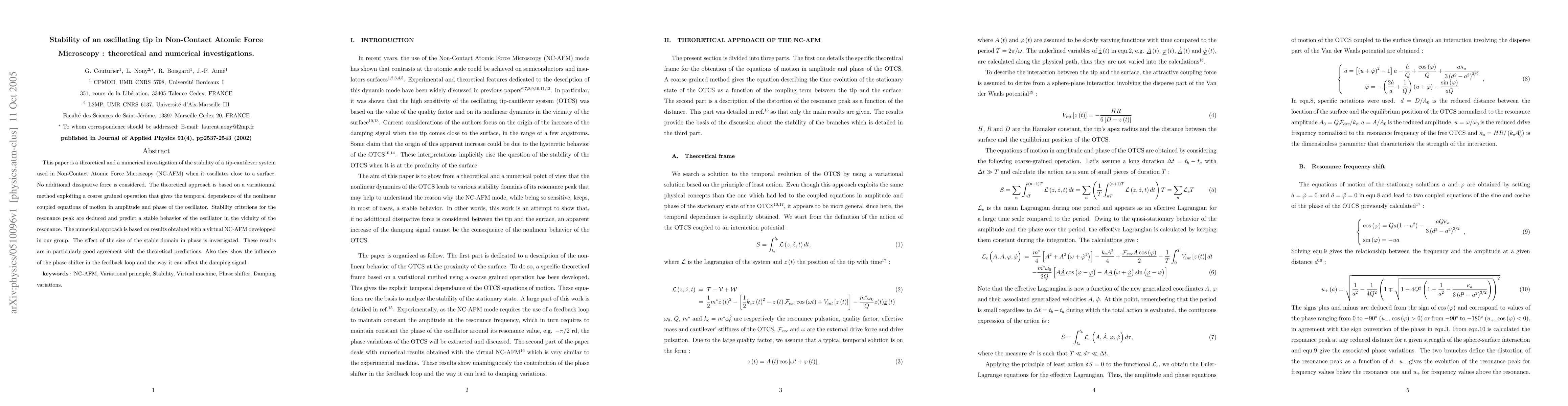 Thumbnail for Stability of an oscillating tip in Non-Contact Atomic Force Microscopy:
  theoretical and numerical investigations