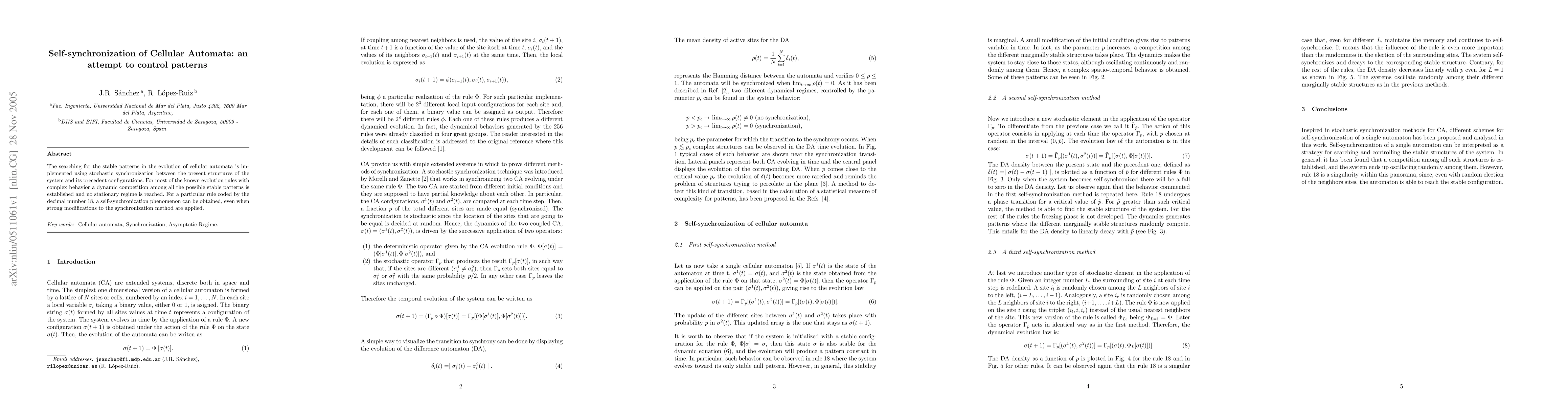 Thumbnail for Self-synchronization of Cellular Automata: an attempt to control
  patterns