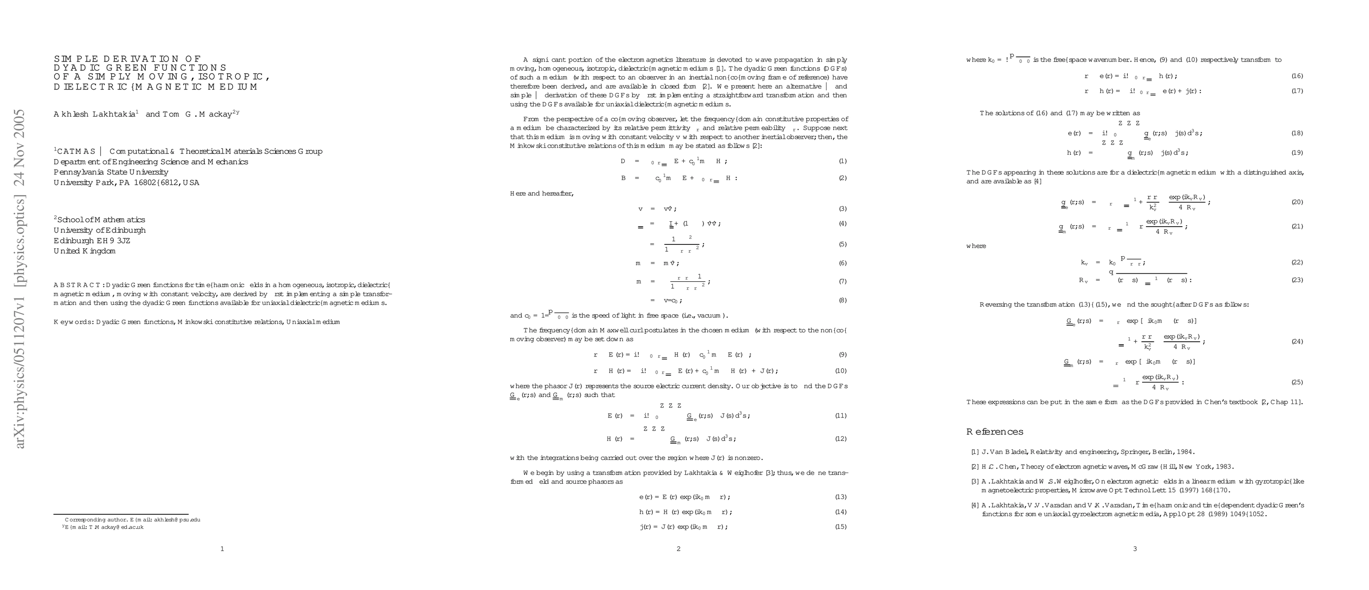 Thumbnail for Simple derivation of dyadic Green functions of a simply moving,
  isotropic, dielectric-magnetic medium