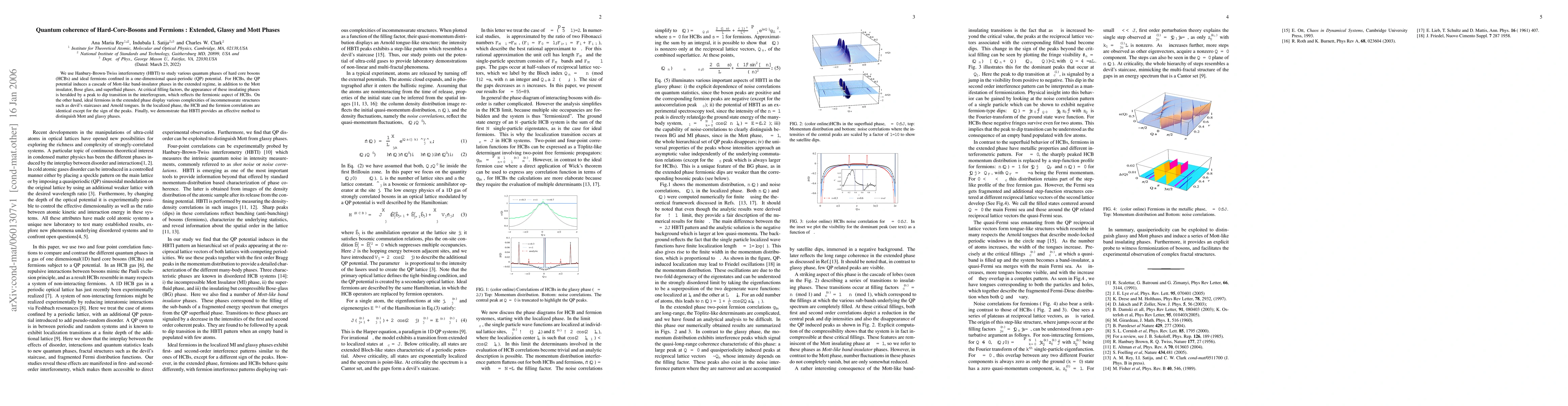 Thumbnail for Quantum coherence of Hard-Core-Bosons and Fermions : Extended, Glassy
  and Mott Phases
