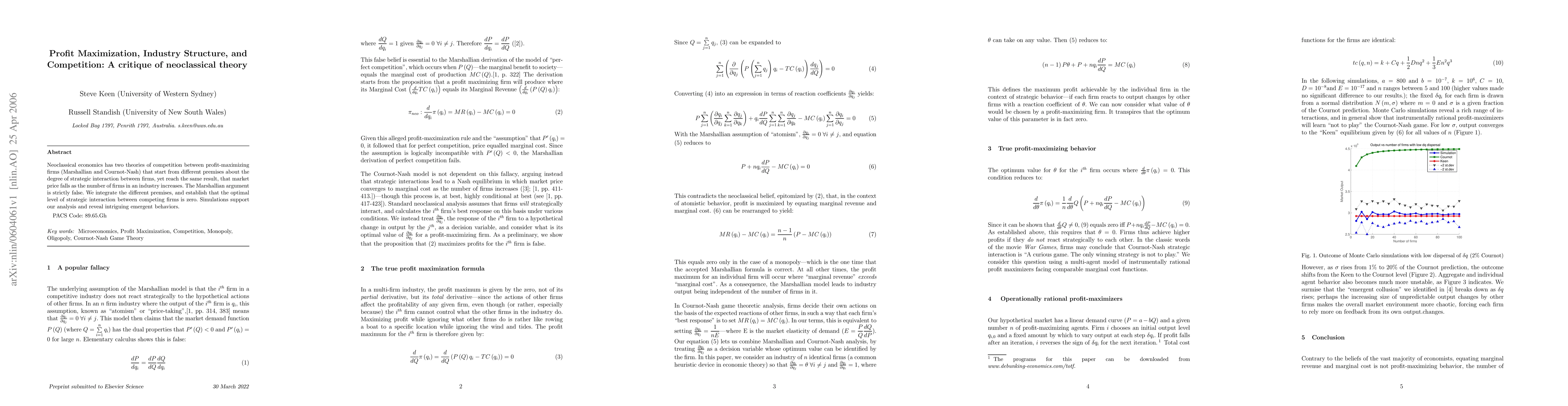 Thumbnail for Profit Maximization, Industry Structure, and Competition: A critique of
  neoclassical theory