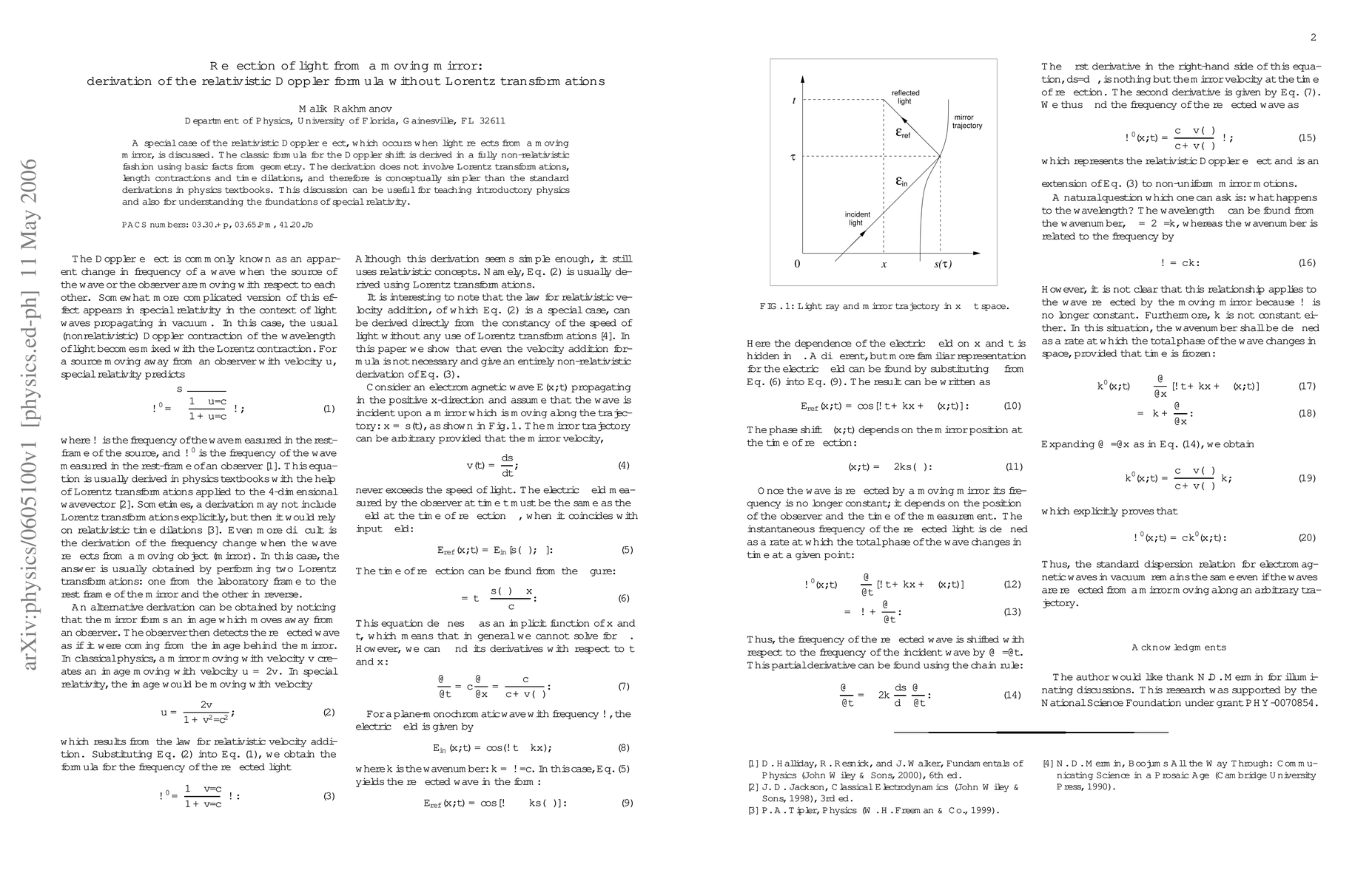 Thumbnail for Reflection of light from a moving mirror: derivation of the relativistic
  Doppler formula without Lorentz transformations