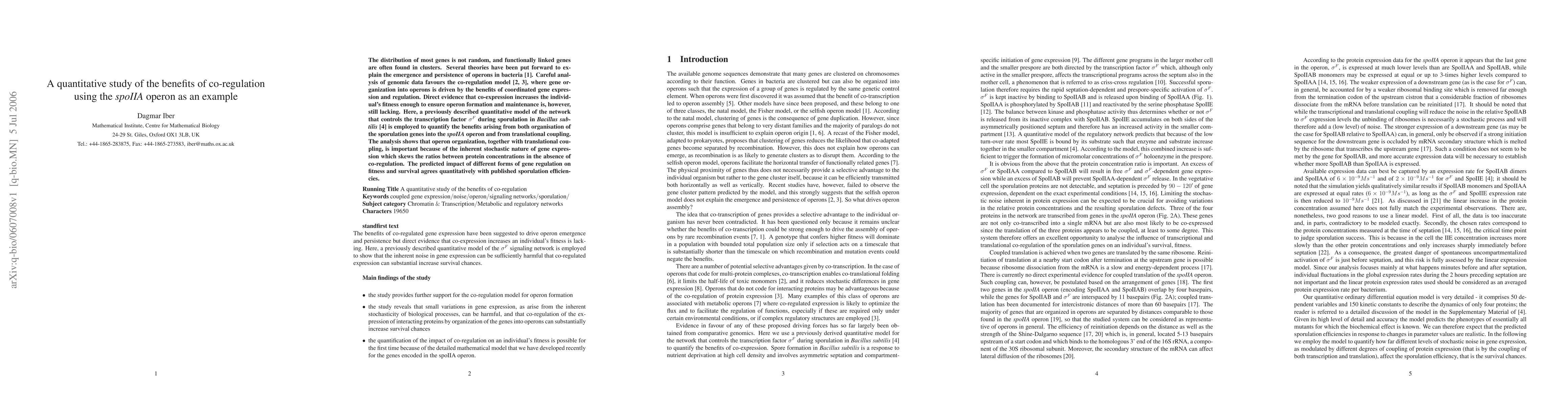 Thumbnail for A quantitative study of the benefits of co-regulation using the spoIIA
  operon as an example