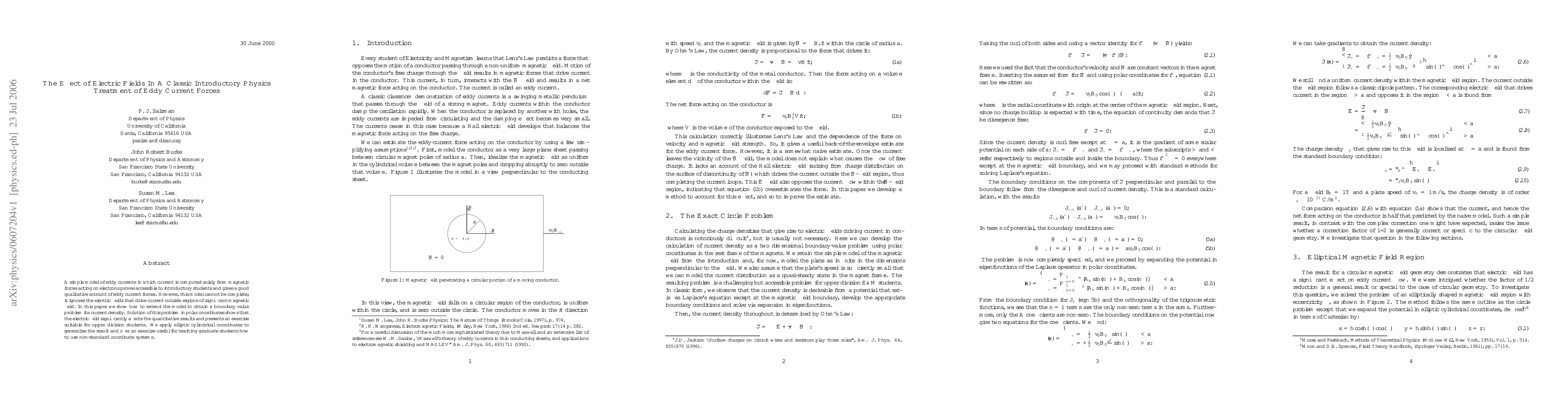 Thumbnail for The Effect of Electric Fields In A Classic Introductory Physics
  Treatment of Eddy Current Forces