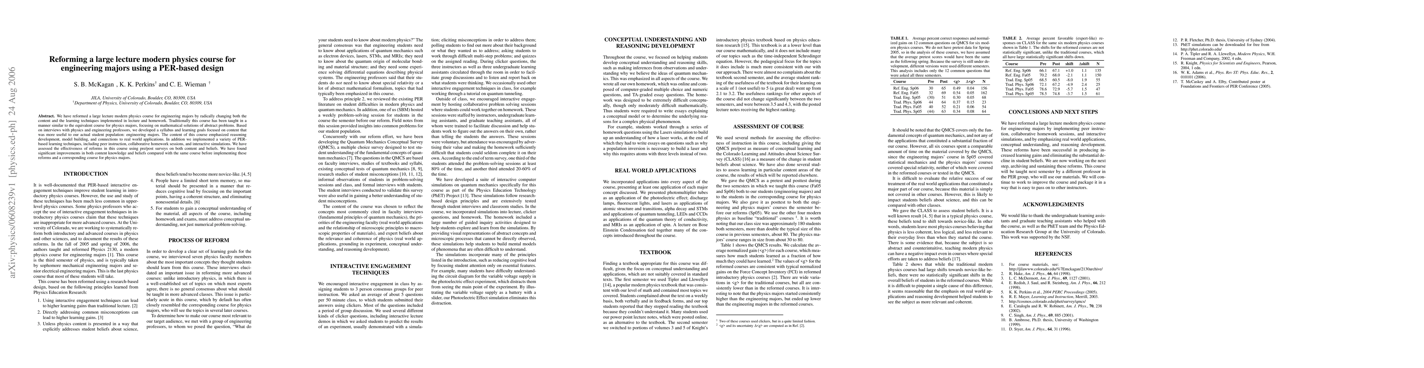 Thumbnail for Reforming a large lecture modern physics course for engineering majors
  using a PER-based design