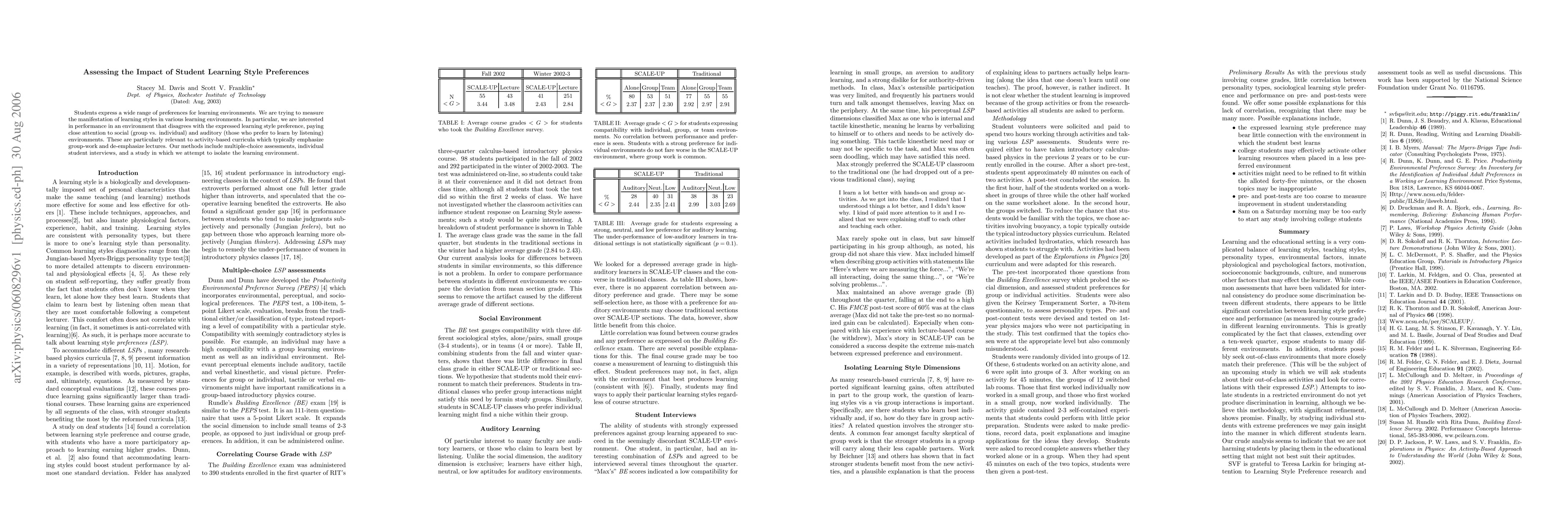 Thumbnail for Assessing the Impact of Student Learning Style Preferences