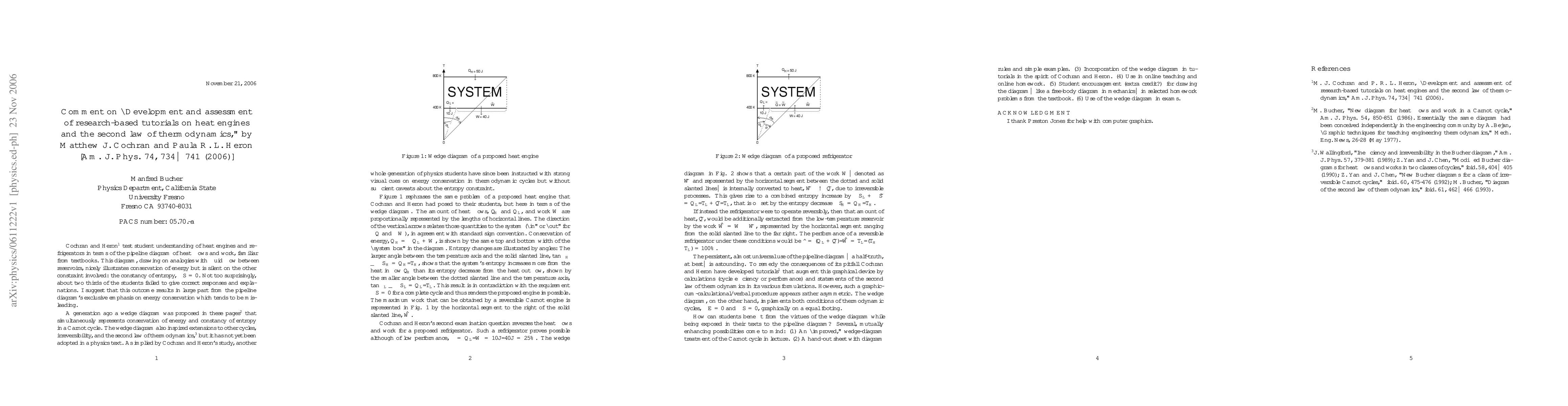 Thumbnail for Comment on Development and assessment of research-based tutorials on
  heat engines and the second law of thermodynamics, by Matthew J. Cochran and
  Paula R. L. Heron, Am. J. Phys. 74, 734--741 (2006)