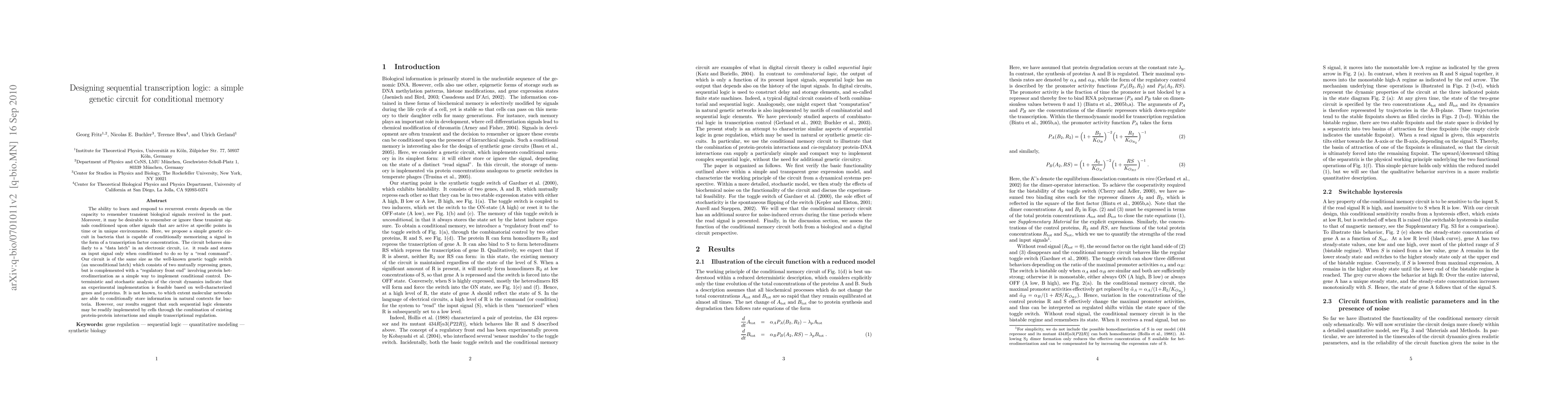 Thumbnail for Designing sequential transcription logic: a simple genetic circuit for
  conditional memory