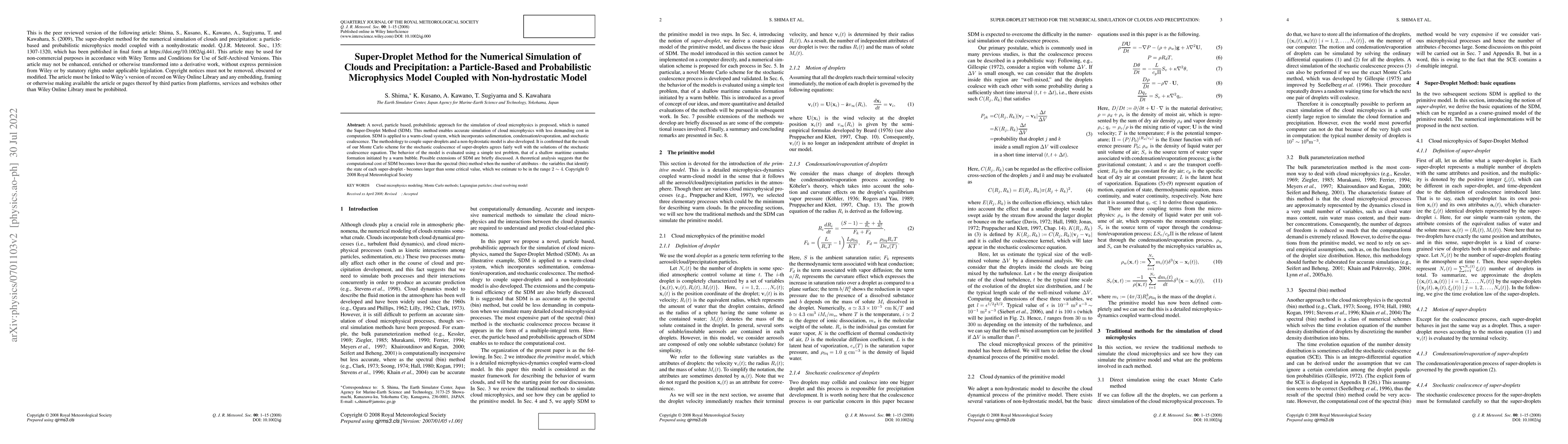 Thumbnail for Super-Droplet Method for the Numerical Simulation of Clouds and
  Precipitation: a Particle-Based Microphysics Model Coupled with
  Non-hydrostatic Model