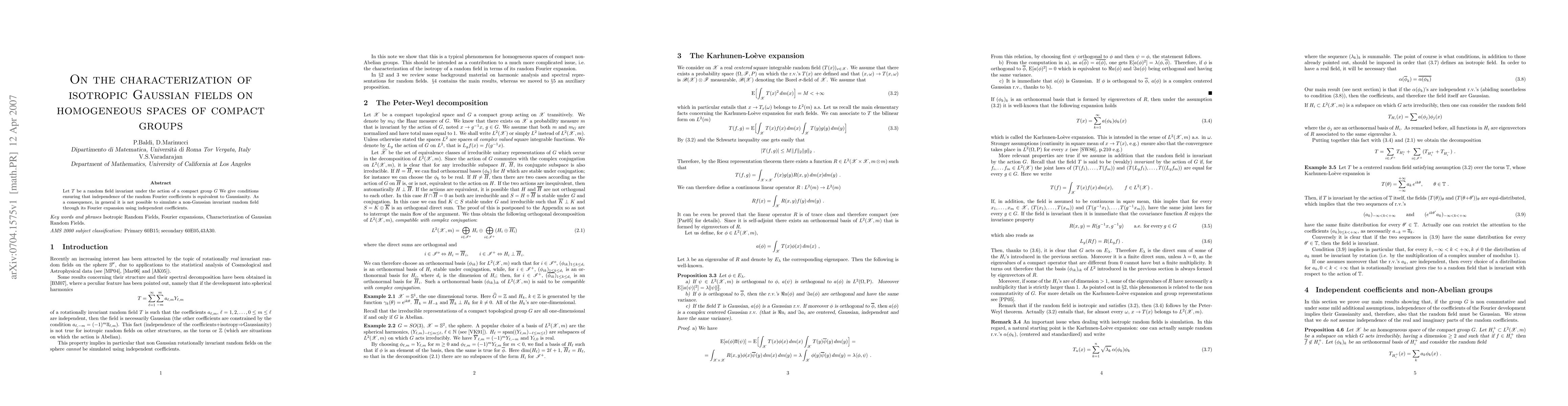 Thumbnail for On the characterization of isotropic Gaussian fields on homogeneous
  spaces of compact groups