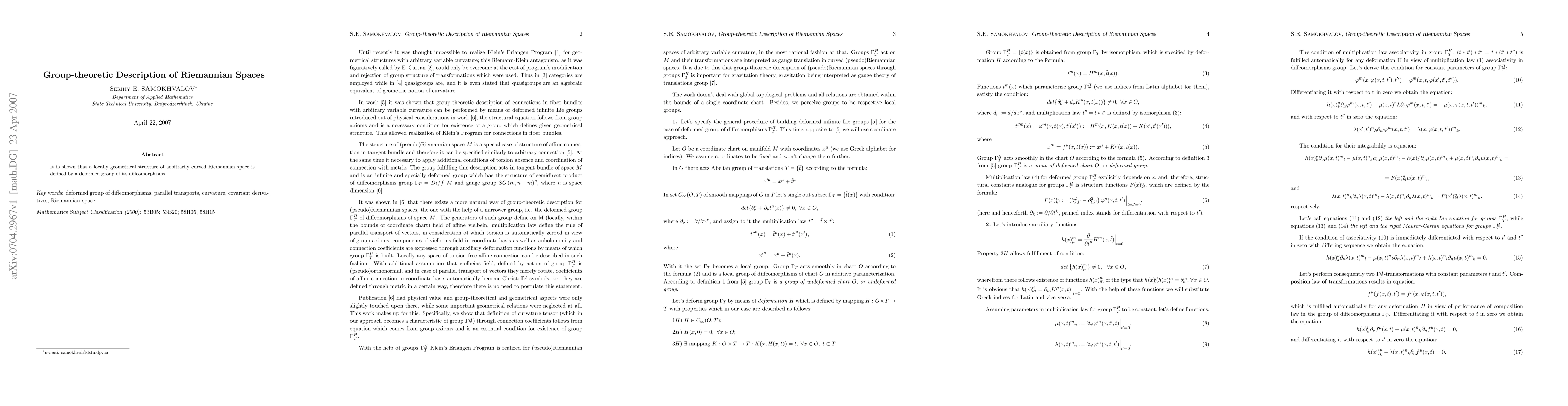 Thumbnail for Group-theoretic Description of Riemannian Spaces