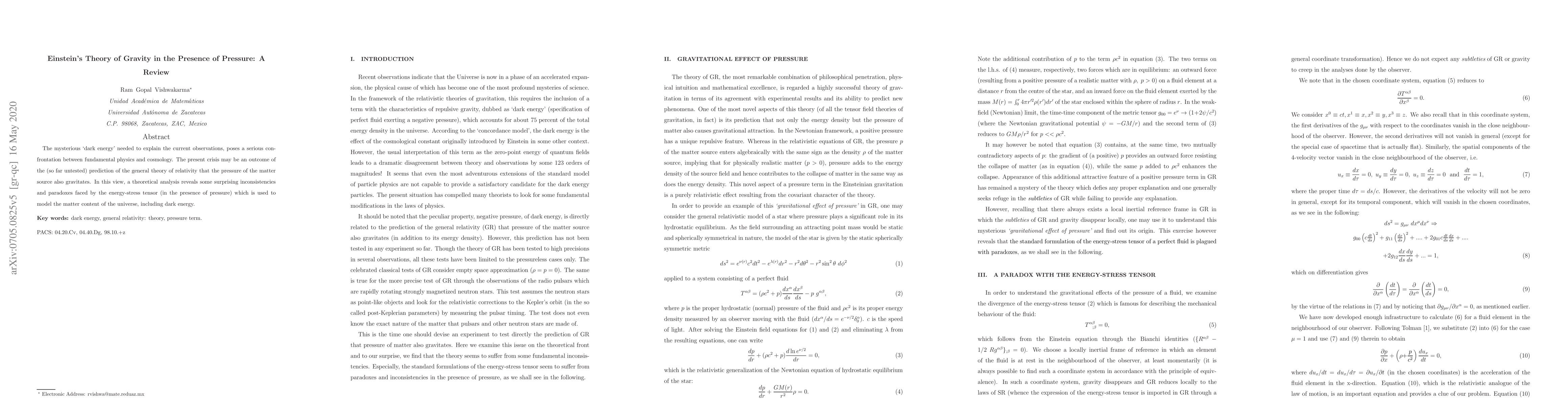 Thumbnail for Einstein's Theory of Gravity in the Presence of Pressure: A Review