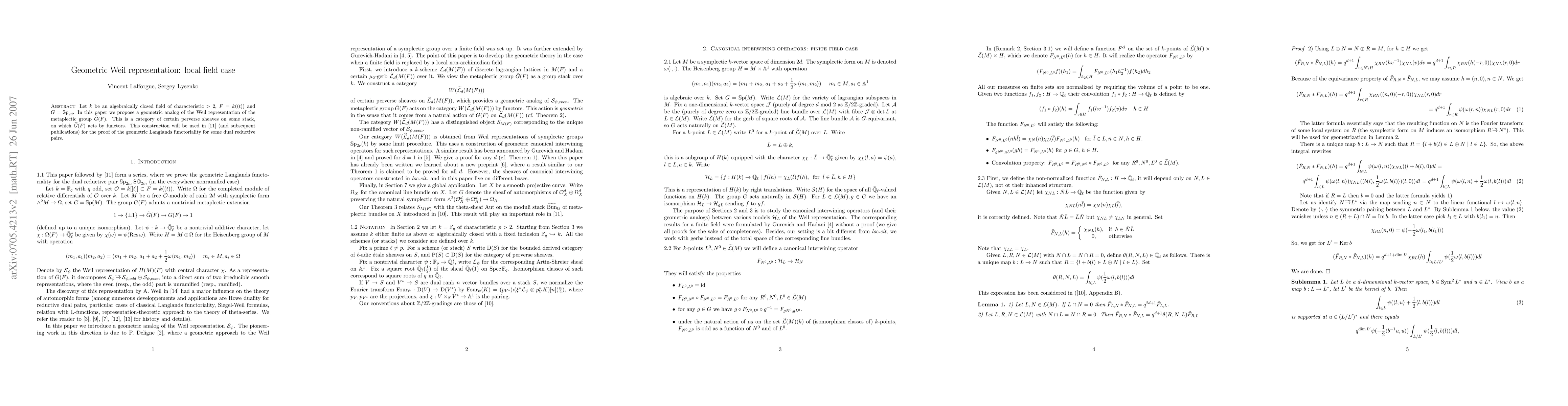 Thumbnail for Geometric Weil representation: local field case
