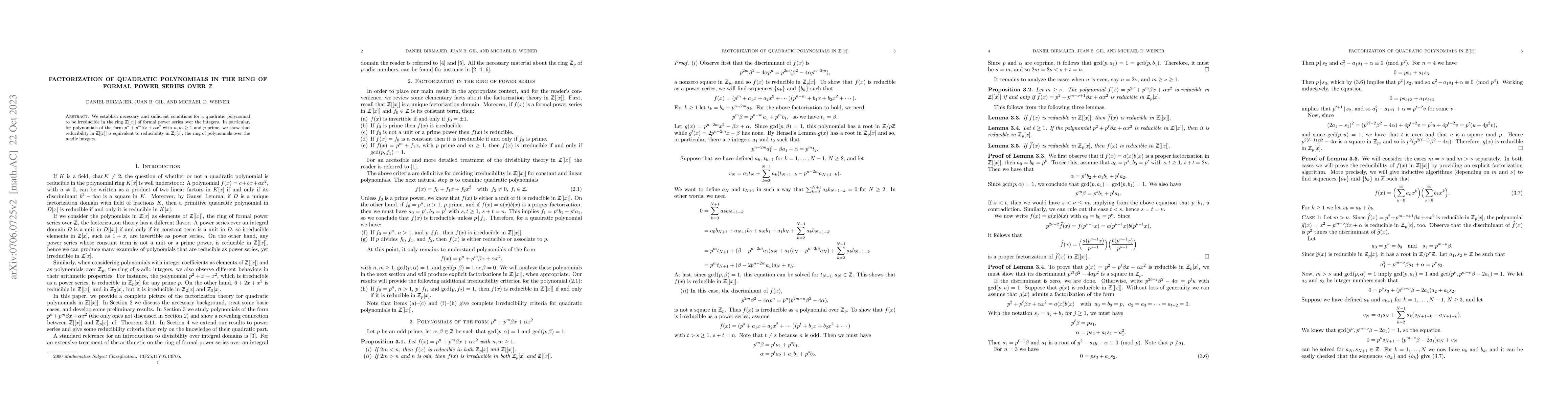 Thumbnail for Factorization of quadratic polynomials in the ring of formal power
  series over Z