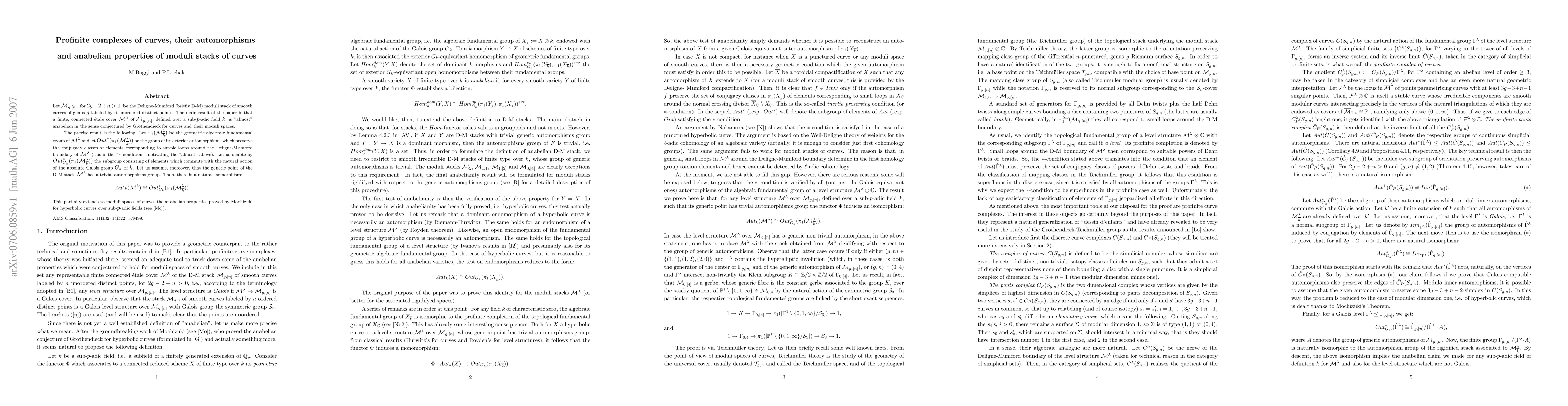Thumbnail for Profinite complexes of curves, their automorphisms and anabelian
  properties of moduli stacks of curves