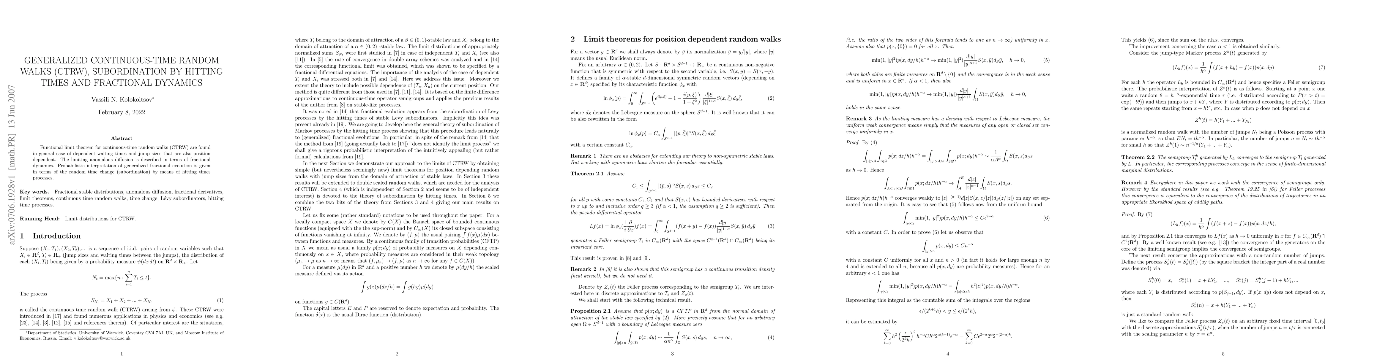 Thumbnail for Generalized Continuous-Time Random Walks (CTRW), Subordination by
  Hitting Times and Fractional Dynamics