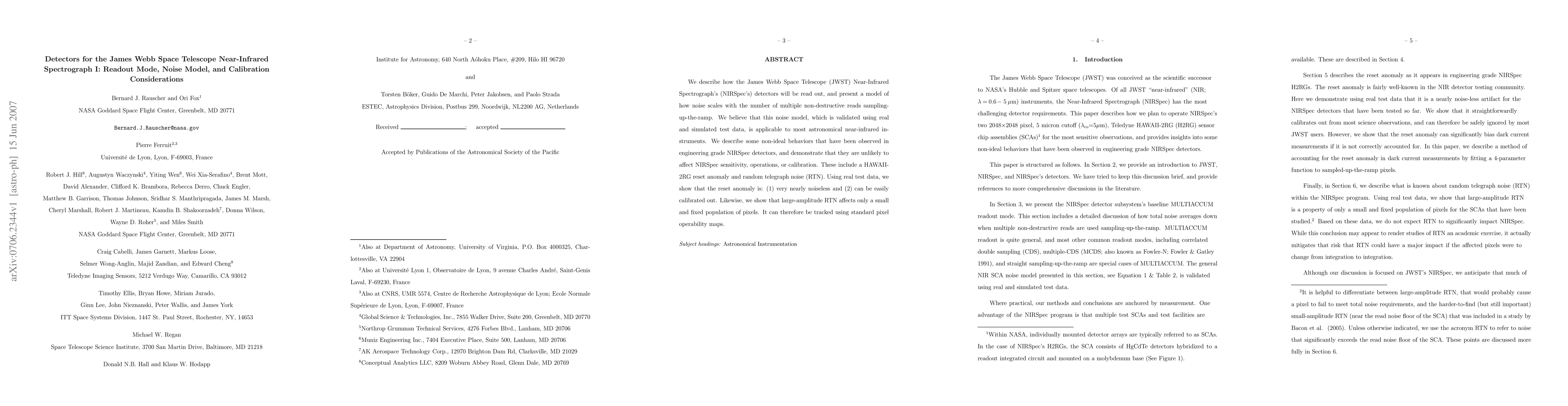 Thumbnail for Detectors for the James Webb Space Telescope Near-Infrared Spectrograph
  I: Readout Mode, Noise Model, and Calibration Considerations